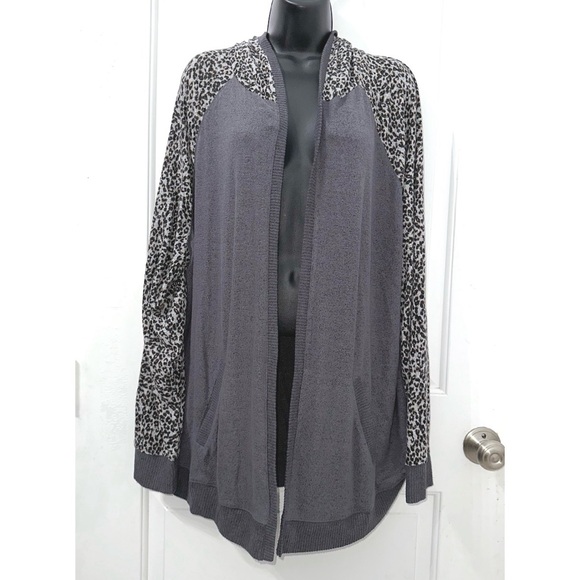 Maurices Gray Leopard Open Front Hooded Cardigan - Picture 2 of 5